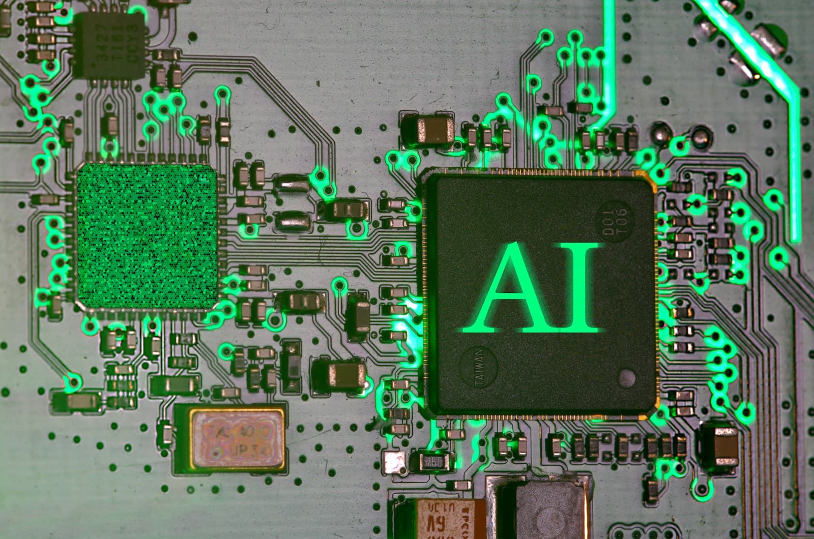Chip de inteligência artificial iluminado em uma placa de circuito