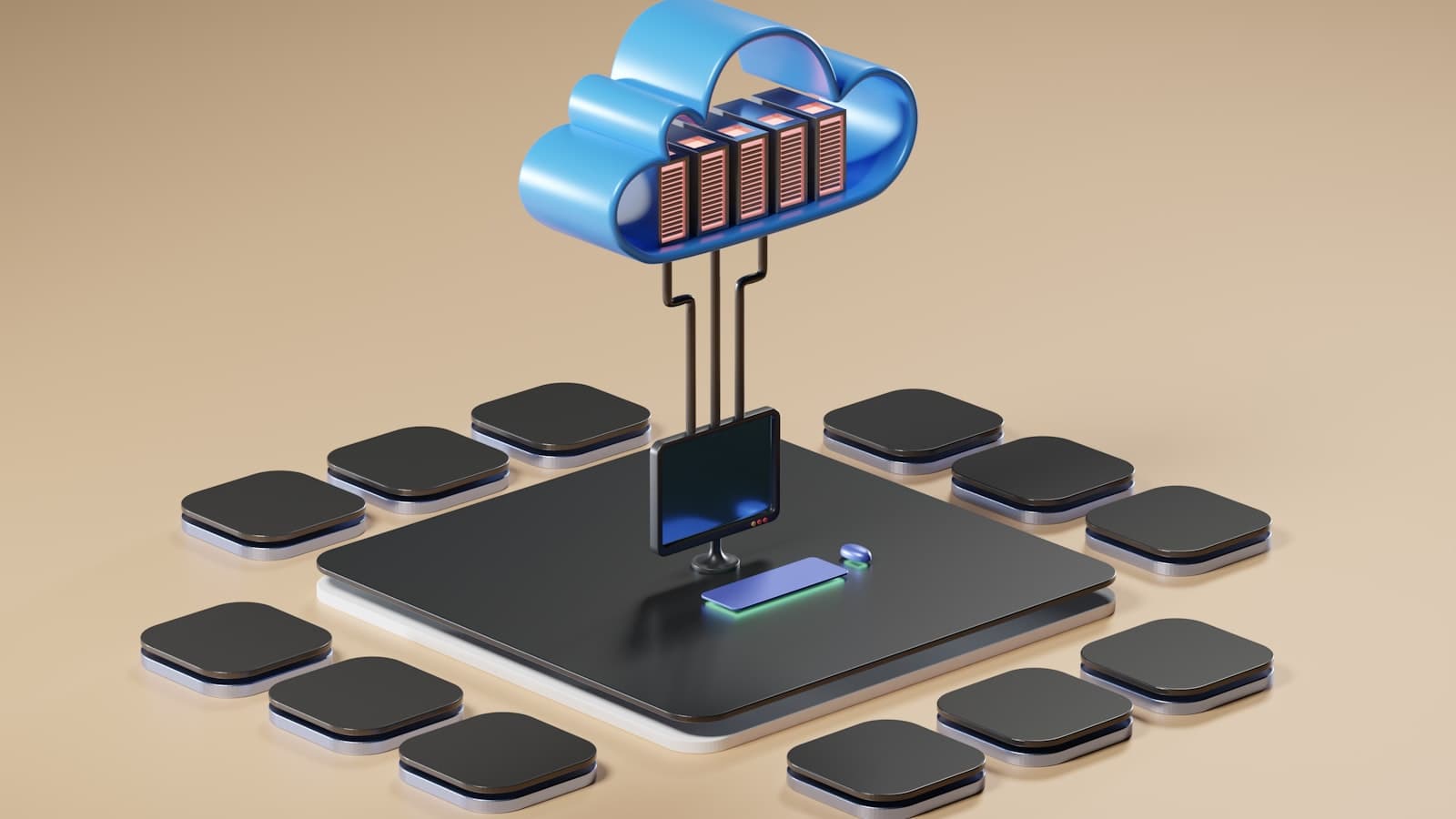 Ilustração 3D de nuvem computacional conectada a servidores